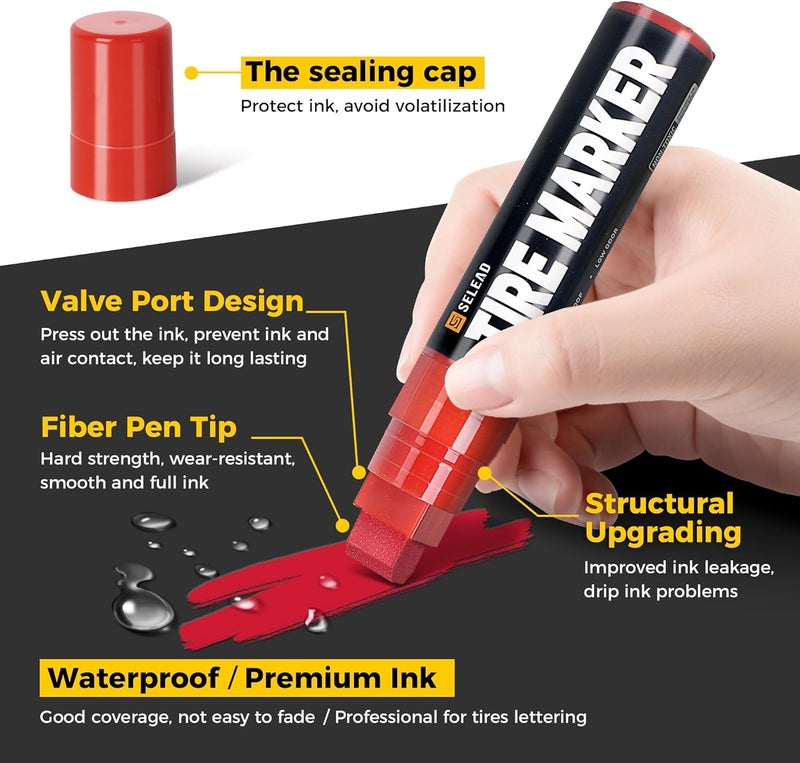 SELEAD Jumbo Tire Marker White Red - 4 Pack 15mm Wide Tip Paint Pens for Car Tires Lettering, Large Capacity Premium Ink Waterproof Permanent Markers - Image 4